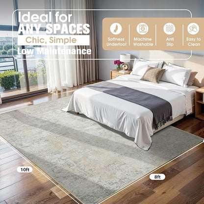 8x10 Area Rugs for Living Room Rug Washable: Abstract Large Rug for Dining Room Bedroom Carpet Non Slip 8 by 10 Indoor Modern Nursery Home Office Beige Grey