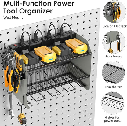 CCCEI Set Power Tool Organizer Wall Mount with Charging Station. Garage 4 Drill Storage Shelf with Hooks, Heavy Duty Metal Tool Battery Charger Organizer. Shop Utility Rack with Power Strip Grey.