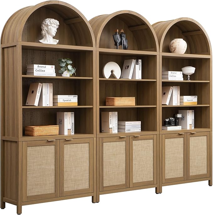 SICOTAS Book Shelf Arched Cabinet Bookshelf Arch 84.2" Tall Bookcase 5 Tier Large Bookshelves with Doors Storage Rattan Boho Wide Book Shelves Case for Living Room Kitchen Office Bedroom Library