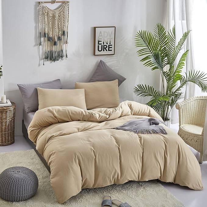 CLOTHKNOW Champagne Queen Size Comforter Set 3Pcs Light Brown Bedding Comforter Sets Beige Queen Comforter Light Khaki Comforter with 2 x Pillowcases