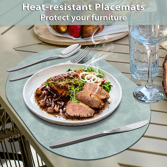 ADRIMER Placemats, Heat Resistant Oval Placemats Set of 6 Washable 12 x 17 Inch, Waterproof Table Mats, Wipeable Pu Place Mats for Kitchen, Dining Room, Light Blue