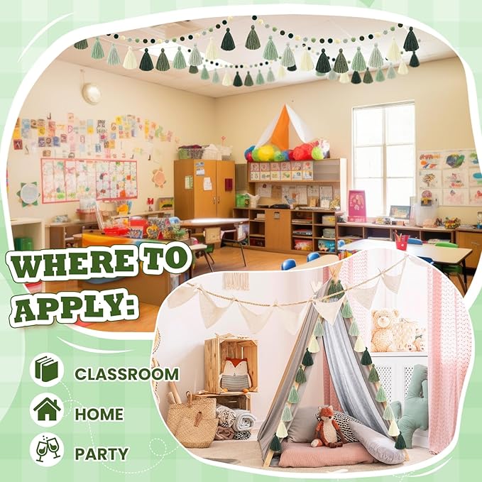 Syhood 4 Pcs Christmas Pom Pom Tassel Garland Felt Pompom Ball Banner Christmas Tassel Garland for Xmas Tree Hanging Decorations Party Supplies Home Decor(Sage Green)