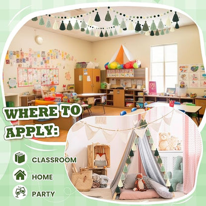 Syhood 4 Pcs Christmas Pom Pom Tassel Garland Felt Pompom Ball Banner Christmas Tassel Garland for Xmas Tree Hanging Decorations Party Supplies Home Decor(Sage Green)