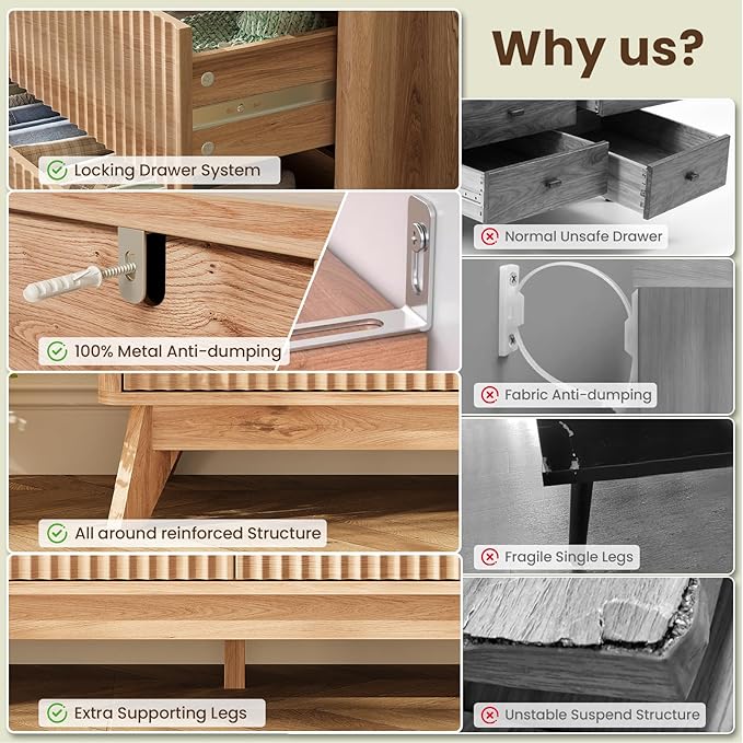 47'' Wide 6 Drawers Dressers for Bedroom, Modern Fluted Chest with Arc Corners, Large Wooden Dresser TV Stand, Wood Closet Clothes Storage Organizer for Living Room, Natural Wood