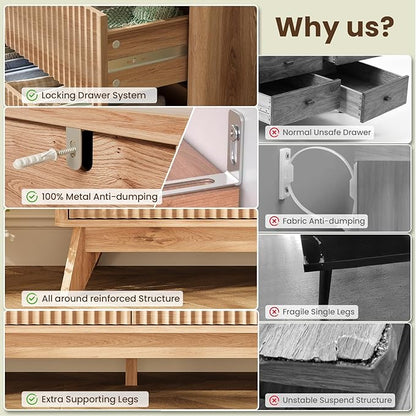 47'' Wide 6 Drawers Dressers for Bedroom, Modern Fluted Chest with Arc Corners, Large Wooden Dresser TV Stand, Wood Closet Clothes Storage Organizer for Living Room, Natural Wood