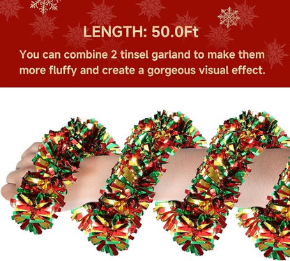 50Ft Christmas Tinsel Garland - Red Green Gold Shiny Metallic Twist Decor for Christmas Tree Home Stairs Railing Front Door Mantle Fireplace Indoor Outdoor Holiday Party