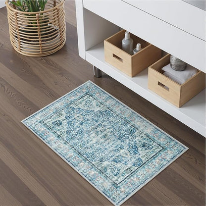 Uphome Light Blue Bathroom Rugs, Distressed Farmhouse Boho Bath Mat, Comfy Velvet Small Bath Rugs Non Slip Washable, Vintage Oriental Toilet Rug for Sink Shower Vanity, 18x26 inch