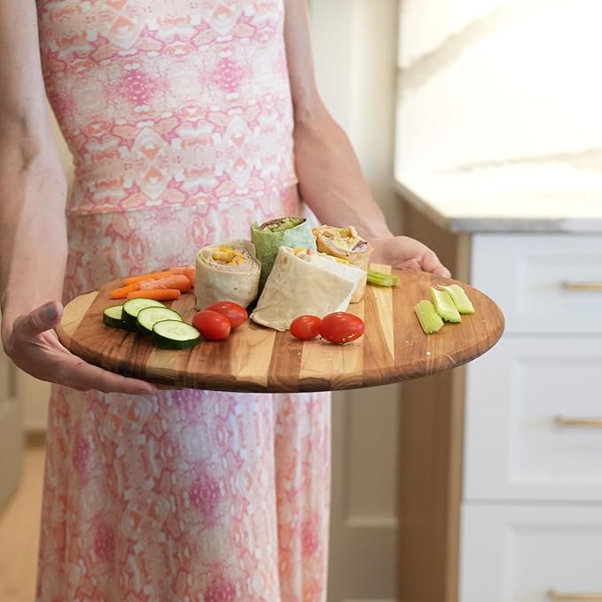 EcoDecors 16" Round Teak Cutting Board, FSC Certified Solid Wood, Edge Grain, XL Carving Board for Kitchen & Brisket