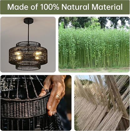 4-Light Black Boho Rattan Chandelier Light Fixture, 17.7” Hand Woven Rustic Chandeliers Farmhouse Chandelier Hanging Light for Dining Room Kitchen Island, Living Room, Foyer