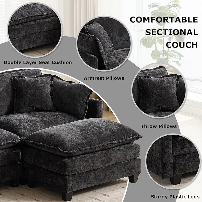 SoarFlash 107.4" Chenille Sectional Sofa, Comfy Modular Loveseat Sofa, Modern 3-Seat Couch Deep Seat Sofa Set for Living Room,Black