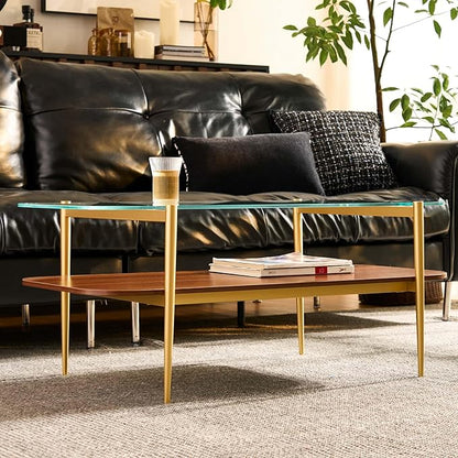 AGV LIGHTING Tadio Glass Coffee Table, Mid-Century Modern Coffee Table for Living Room, Gold Finish Leg, Clear Glass Top & Walnut Brown Shelf, Rounded Corners