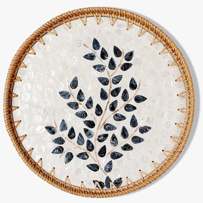 Round Rattan Tray with Mother of Pearl Inlay & Wooden Base - Decorative Wicker Serving Tray for Coffee/Bread/Fruits, Food Storage & Display - Multipurpose Home Decor (M,Little Tree)