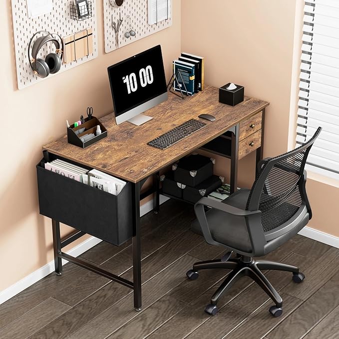 Lufeiya Computer Desk with Drawers - 40 Inch Work Reversible Small Desk for Bedroom Home Office, Simple Study Writing Table PC Desks with Drawer Storage Shelves, Rustic Brown