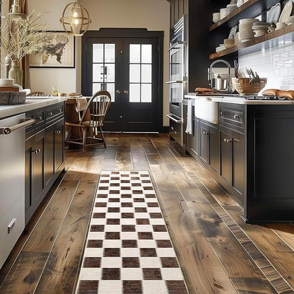 EVERGRACE Checkered Plaid Area Rug 2x8, Soft Fuzzy Faux Wool Rugs Washable Anti Slip Rugs Long Runner Rug Carpet for Entryway Bedroom Living Room Hallway Kitchen Dining Room and Laundry, Dark Brown