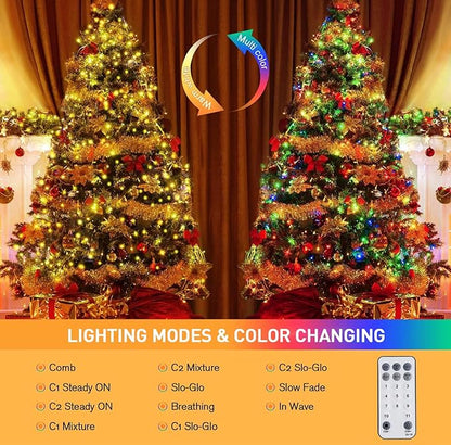 JMEXSUSS 33ft 100 LED Color Changing String Lights Plug in, Warm White & Multicolor Christmas Tree Lights Indoor, Christmas String Lights Outdoor Waterproof for Xmas Indoor Decor