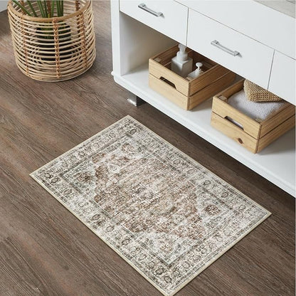 Uphome Boho Bathroom Rugs, Distressed Farmhouse Khaki Bath Mat, Comfy Velvet Small Bath Rugs Non Slip Washable, Vintage Oriental Toilet Rug for Sink Shower Vanity, 18x26 inch