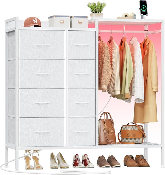 Hanging Rack 8 Drawer Dresser Charging Station & LED Lights, White Kids Chest of Fabric Drawers, White