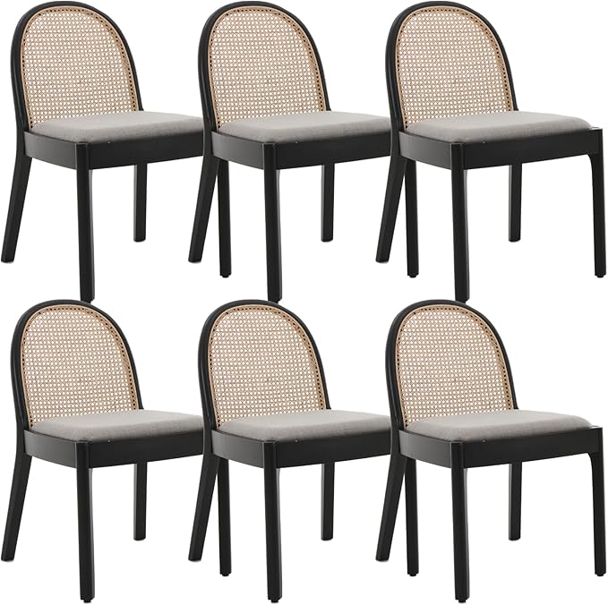 Mid Century Dining Chairs Set of 6, Rattan Side Chairs Linen Fabric Kitchen Chair with Solid Wooden Legs for Living Room Dining Room, Grey