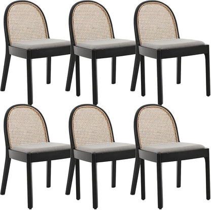 Mid Century Dining Chairs Set of 6, Rattan Side Chairs Linen Fabric Kitchen Chair with Solid Wooden Legs for Living Room Dining Room, Grey