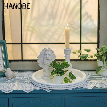 Hanobe Decorative Tray: White Beaded Round Serving Tray Modern Farmhouse Wooden Circle Centerpiece Tray Decor for Home Living Dining Room Kitchen Counter Bathroom