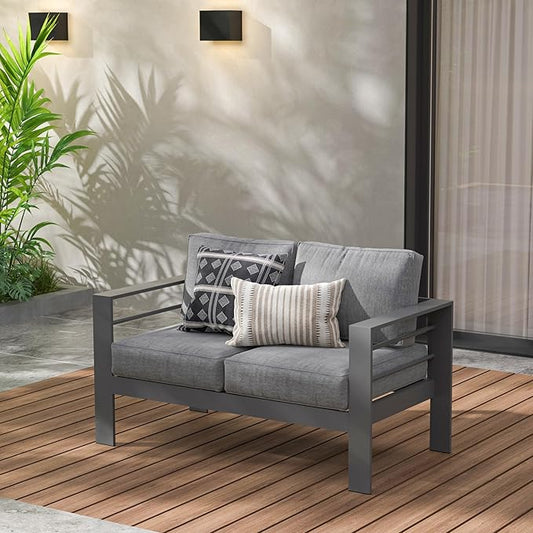 Wisteria Lane Patio Furniture Aluminum Loveseat, All-Weather 2 Seats Outdoor Chair, Gray Metal Chair with Dark Grey Cushions