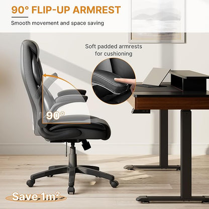 EUREKA ERGONOMIC PU Leather Desk Chair Office Executive Chair, Ergonomic Office Chair Flip Up Arms, High Back Office Chair with Headrest, Home Office Chair with Wheels, Computer Chairs for Adults