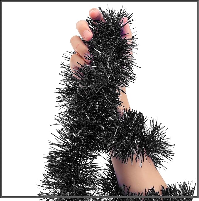 WILLBOND 50 ft Christmas Tinsel Garland Metallic Tinsel Twist Garland Christmas Tree Decorations New Year Wedding Birthday Hanging Decorations Party Supplies, 3 Inch(Black)