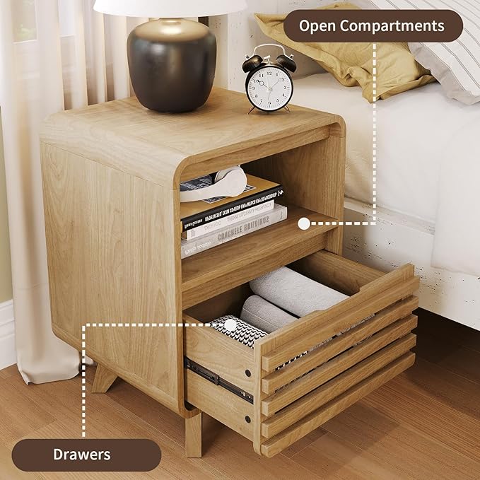 Fluted Night Stand Nightstand with Drawer Storage Grille Bed Side Table End Table Large Modern Wide Bedside Stand Tall Night Stands for Bedroom Living Room Home Office, Natural Oak