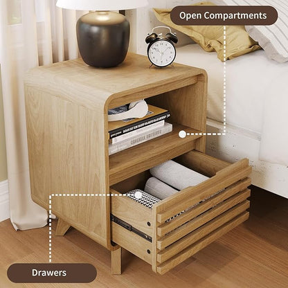 Fluted Night Stand Nightstand with Drawer Storage Grille Bed Side Table End Table Large Modern Wide Bedside Stand Tall Night Stands for Bedroom Living Room Home Office, Natural Oak