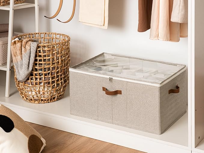 StorageWorks Shoe Organizer for Closet, Fits up to 24 Pairs, Shoe Cubby Storage Containers with Adjustable Dividers and Clear Cover, Mixing of Brown & Beige