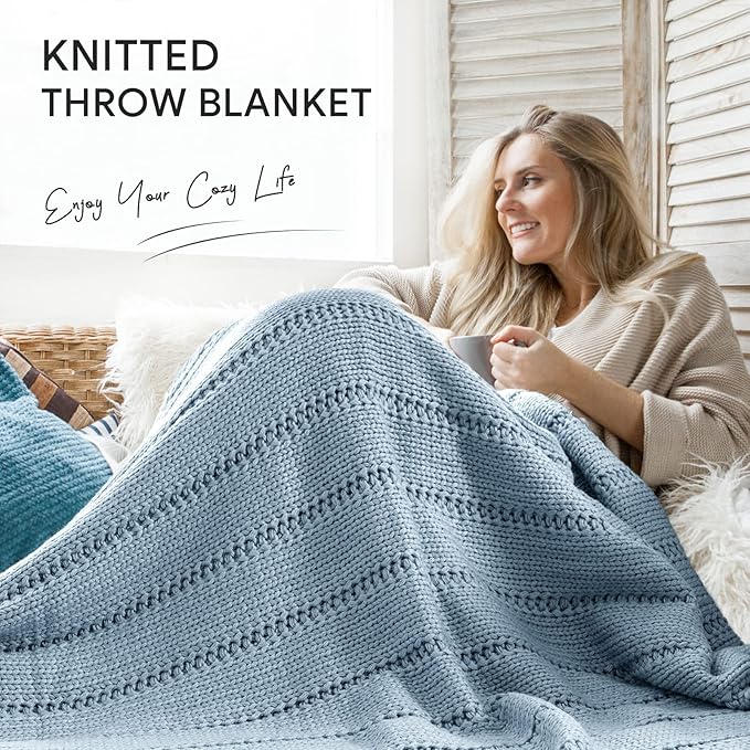 RECYCO Cable Knit Blue Throw Blanket Twin Size, Super Soft Warm Cozy Decorative Knitted Throw Blanket 3.6LB for Bed, Chair Large 60"x80"