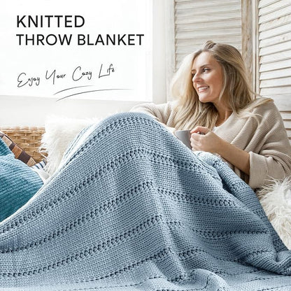 RECYCO Cable Knit Blue Throw Blanket Twin Size, Super Soft Warm Cozy Decorative Knitted Throw Blanket 3.6LB for Bed, Chair Large 60"x80"
