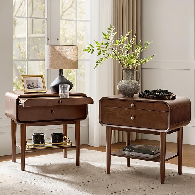 HULALA HOME Nightstand Set of 2 with Pull-Out Shelf, Mid Century Modern End Table with Storage Drawer, Charging Station, Solid Wood Legs, Walnut