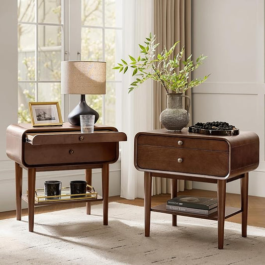 HULALA HOME Nightstand Set of 2 with Pull-Out Shelf, Mid Century Modern End Table with Storage Drawer, Charging Station, Solid Wood Legs, Walnut