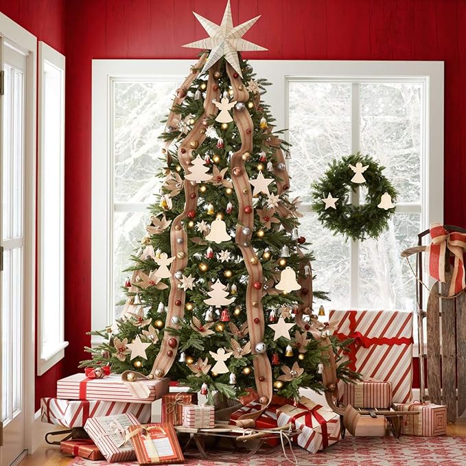 MACTING 27PCS Wooden Christmas Ornaments Unfinished Predrilled Natural Wood Slices DIY Blank Hanging Ornaments Kit for Crafts Centerpieces Christmas Tree Decorations, 9 Styles