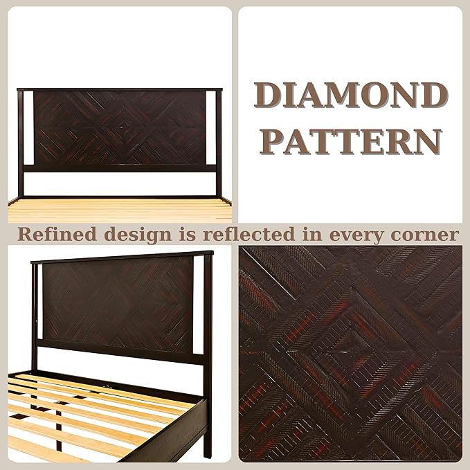 Bme Ethan Queen Bed Frame with Diamond Headboard, Mid-Century Modern, Solid Acacia Wood, No Box Spring Needed, Fits All Mattresses, Rustic Black