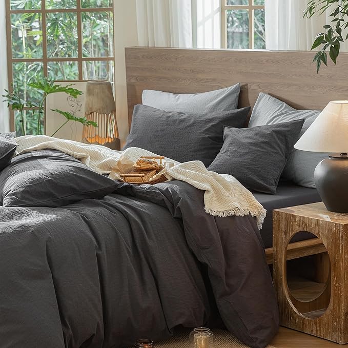 MooMee Wavy Striped Duvet Cover Set 100% Washed Cotton Linen Like Textured Breathable Durable Soft Comfy (Charocal Grey, Queen 90"x90")