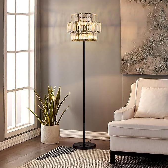 Wellmet Black Floor Lamp for Living Room, 6 Lights Modern Crystal Standing Lamp, Tall Elegant Floor Lamp with Foot Switch for Office, Reading Room, Bedroom, Dining Room(E12 Base)