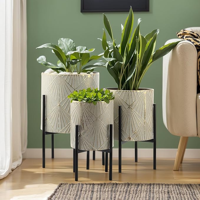 LuxenHome Planters for Indoor Plants, Set of 3 Floor Plants Pots with Stands, Modern Decorative Metal Flower Pots, Distressed Gray and Gold Cachepot Planters, 9.5", 11.87", 14" Inch