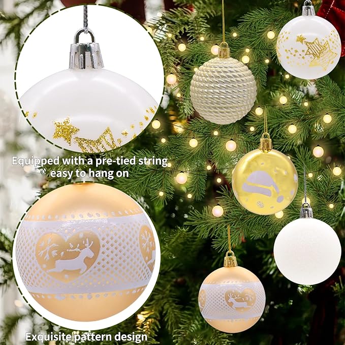 40PCS 2.36" Christmas Balls Ornaments, Plastic Christmas Tree Ornaments, Holiday Baubles, Hanging Decorations for Xmas Trees Holiday Party, Gold White Baubles