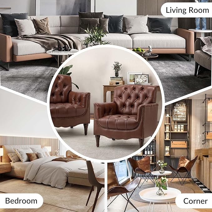 HULALA HOME Mid Century Modern Leather Club Chairs, Top-Grain Genuine Leather Armchairs with Button-Tufted Back & Solid Wood Legs, Accent Chairs for Living Room/Bedroom/Home Office, Brown