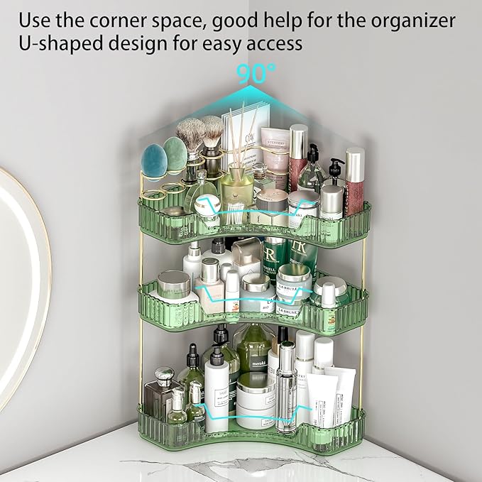 3 Tier Corner Bathroom Organizer Countertop, Vanity Makeup Organizer with Brush Holder, Space-Saving Skincare Storage Corner Shelf for Bathroom, Kitchen