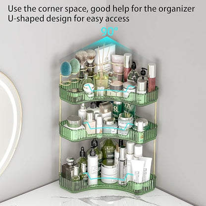 3 Tier Corner Bathroom Organizer Countertop, Vanity Makeup Organizer with Brush Holder, Space-Saving Skincare Storage Corner Shelf for Bathroom, Kitchen