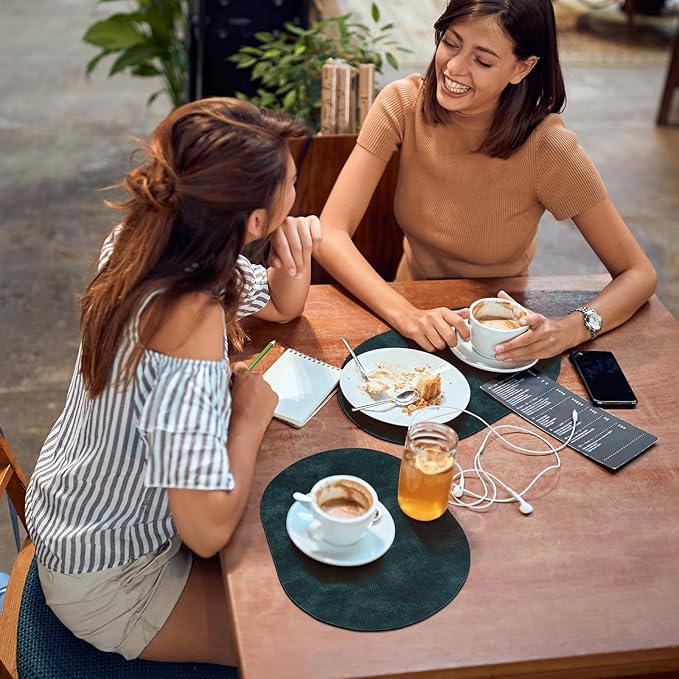 ADRIMER Placemats, Heat Resistant Oval Placemats Set of 6 Washable 12 x 17 Inch, Waterproof Table Mats, Wipeable Pu Place Mats for Kitchen, Dining Room, Dark Blue