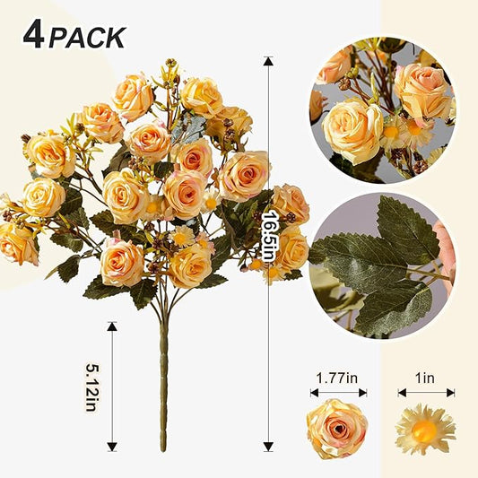 Artificial Flowers for Outdoor 4 Bundles Rose Bouquet with Daisy Faux Flowers UV Resistant for Home Indoor Outside Garden Porch Window Box Balcony Yard Porch Decor (Yellow)