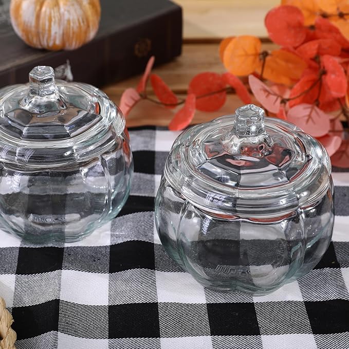 Halloween Decorations-2 PCS Glass Pumpkin Jars with Lid-Halloween Candy Storage for Home Fall Thanksgiving Halloween Party Centerpieces Decor