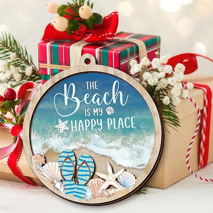 Beach Gifts for Women Men - Wooden Christmas Ornaments 2025 for Tree Decorations - Beach Themed Gifts for Mom Dad Family Friends Couple, Beachy Coastal Decor for Christmas Decorations