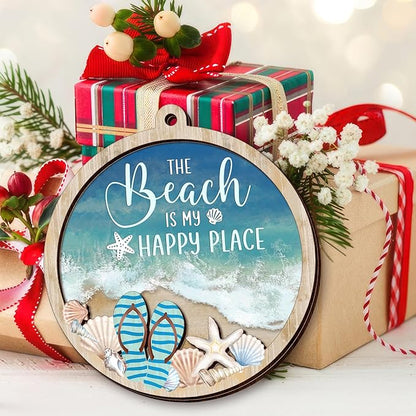 Beach Gifts for Women Men - Wooden Christmas Ornaments 2025 for Tree Decorations - Beach Themed Gifts for Mom Dad Family Friends Couple, Beachy Coastal Decor for Christmas Decorations