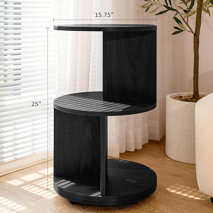 KAYMILY Round End Tables, Mid Century Modern 3 Tier Side Table for Living Room, Bedroom, Office, 25" Tall Accent Nightstand with Open Storage Shelves, Easy Assembly, MDF Wood - Stationary - Black