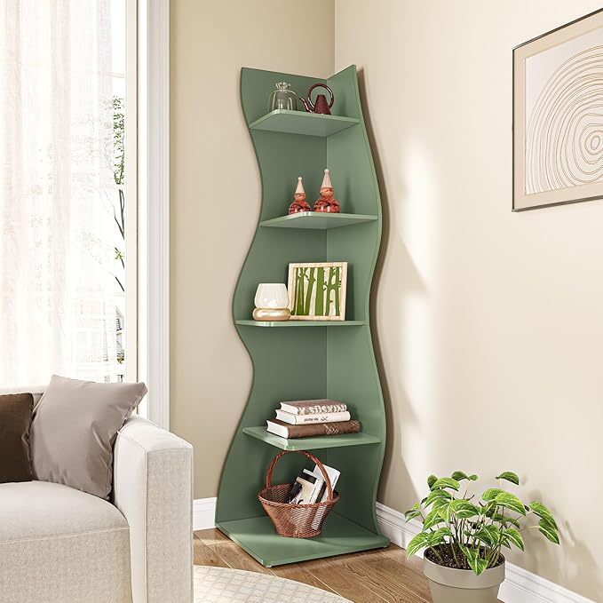 LITTLE TREE Small Corner Shelf, Modern 5-Tier Wall Corner Bookshelf, Stylish Bookcase Storage Rack for Small Space, Living Room, Bedroom